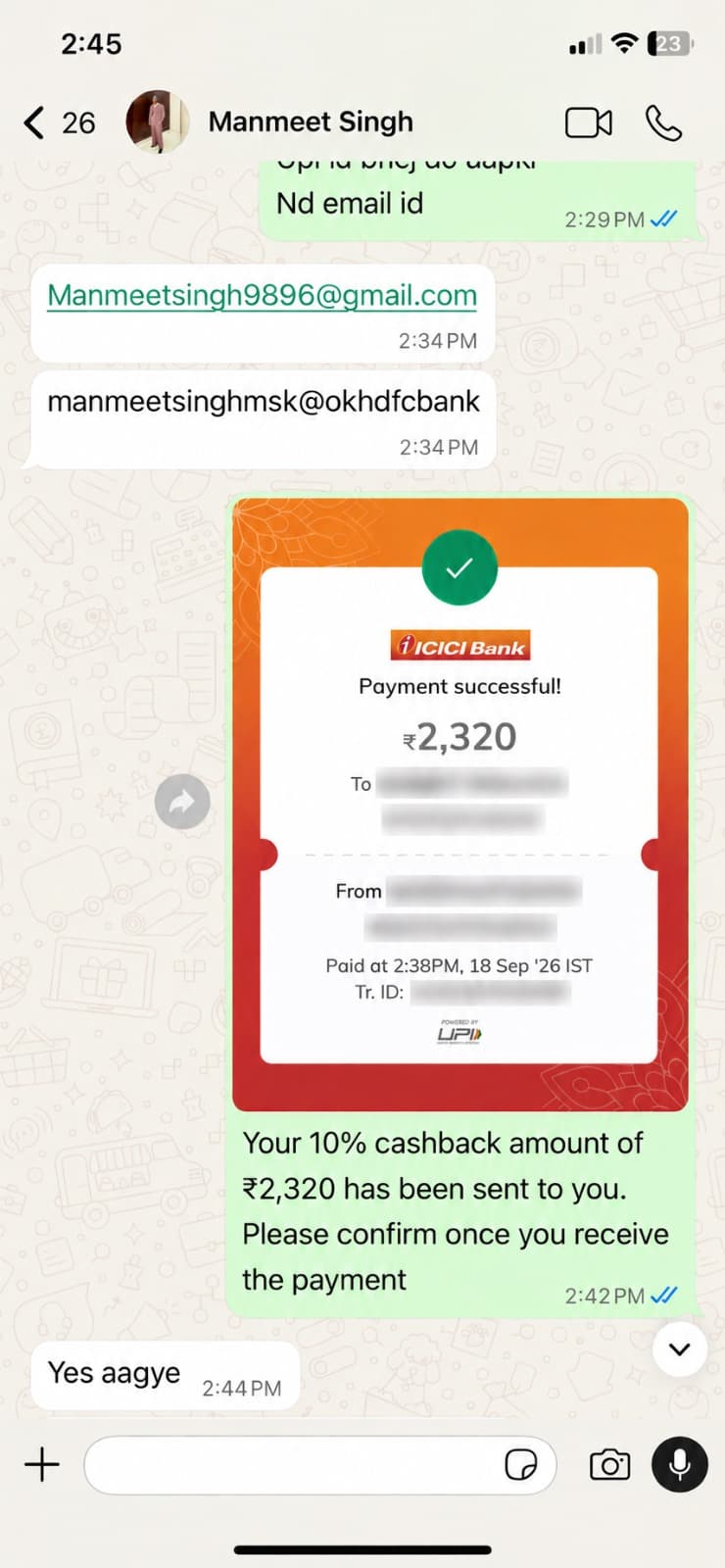 WhatsApp screenshot confirming a UPI cashback payment, recipient details redacted